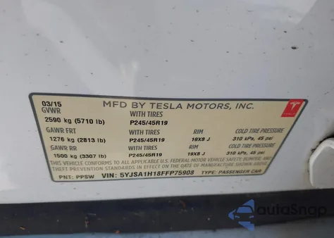 2015 Tesla Model S 60/70/85 из США, поврежденный, VIN 5YJSA1H18FFP75908